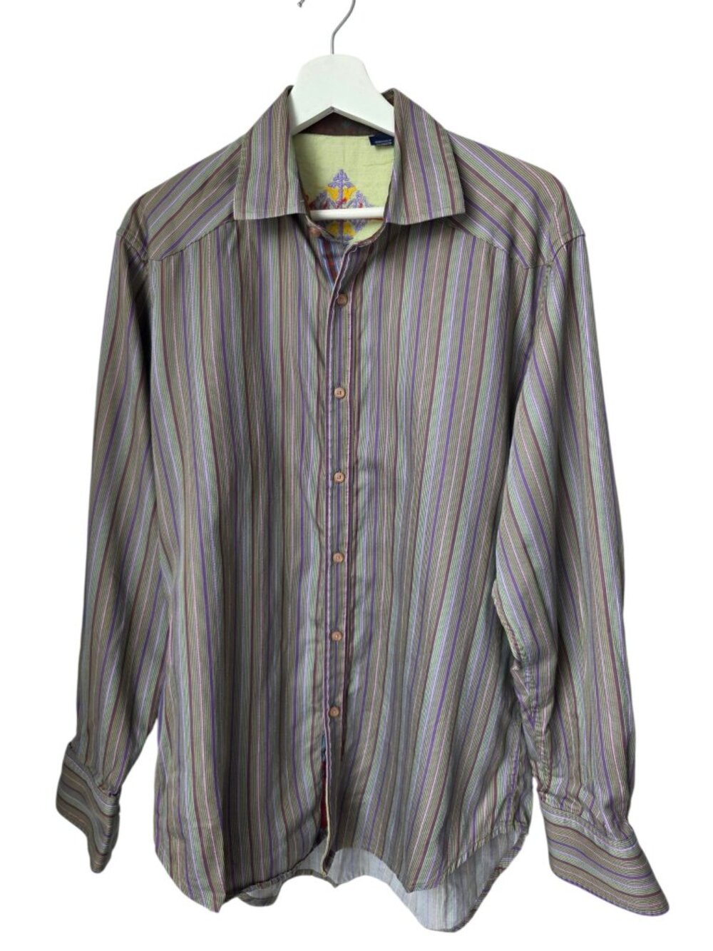 Robert Graham Mens M Striped Long-Sleeve Silk Shirt With Contrast Cuffs